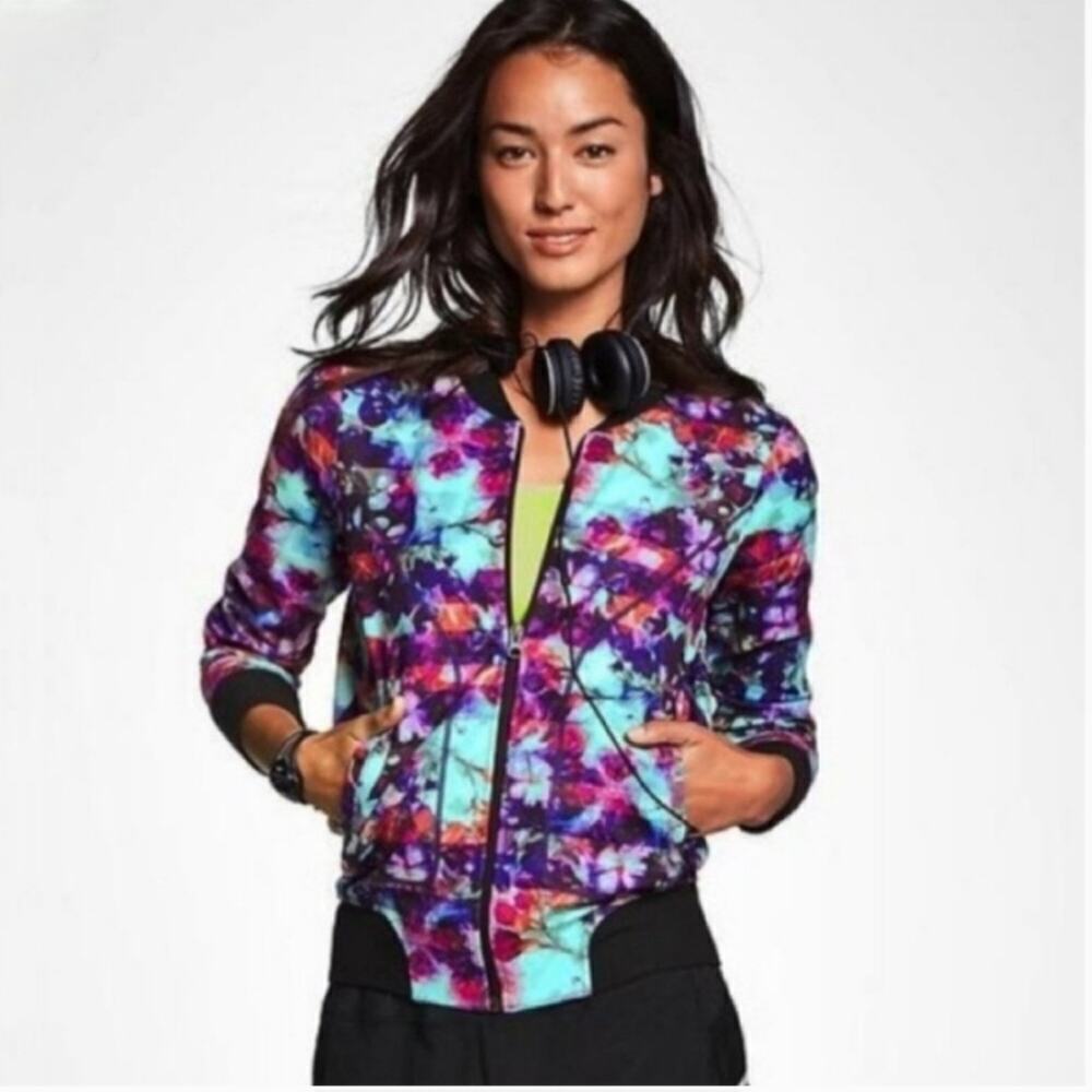 Athleta Watercolor Floral Zipper Front Bomber Coat Jacket With Zipper Pockets- S